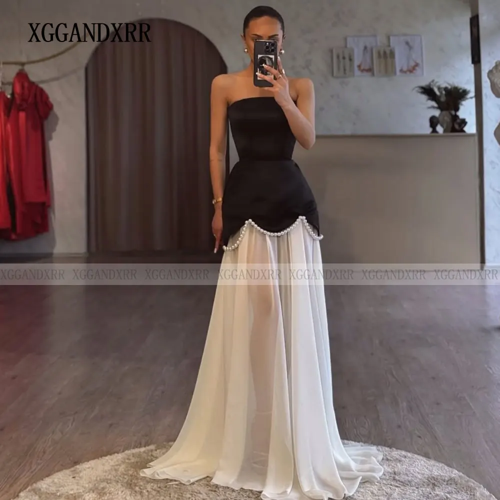 Abito da ballo bicolore personalizzato 2025 senza spalline donna formale abito da sera lungo da sera in chiffon perle senza maniche in bianco e nero