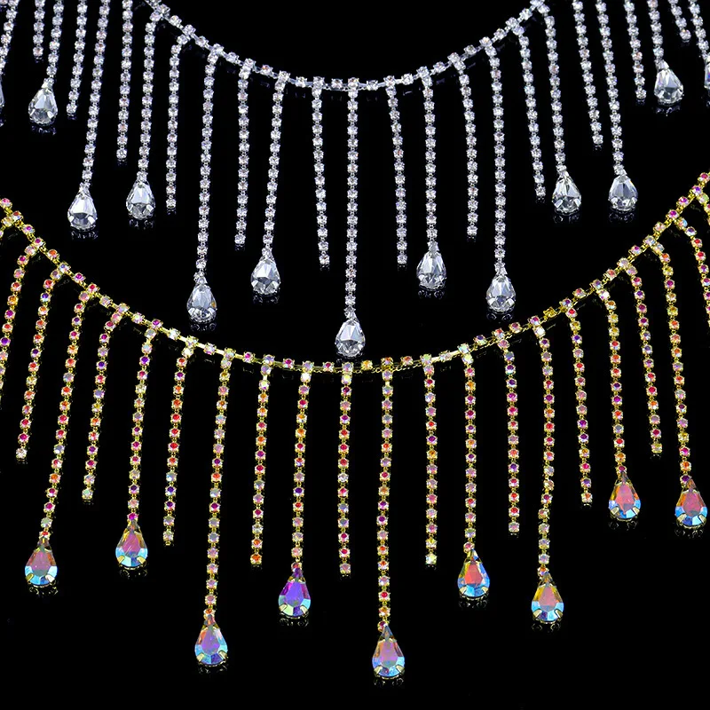 

2025 1Yard Rhinestone border gold rhinestone ribbon tassel diamond crystal chain sewing craft clothing jewelry DIY decoration