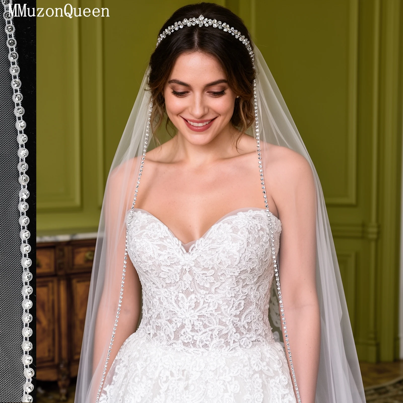 

Свадебная фата TOPQUEEN V138 с нежными стразами, однослойная, разные размеры, длина до церковного алтаря, белая/цвета слоновой кости