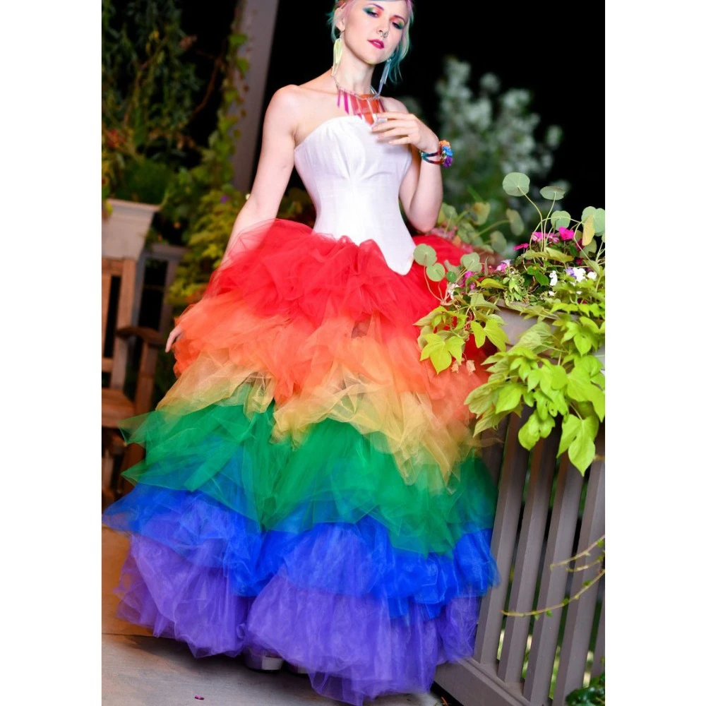 Imagem -03 - Rainbow Puffy Saia de Tule Ruffles em Camapara Mulheres Longa Saia Maxi Colorida Saia do Convidado do Casamento Saias de Festa de Aniversário