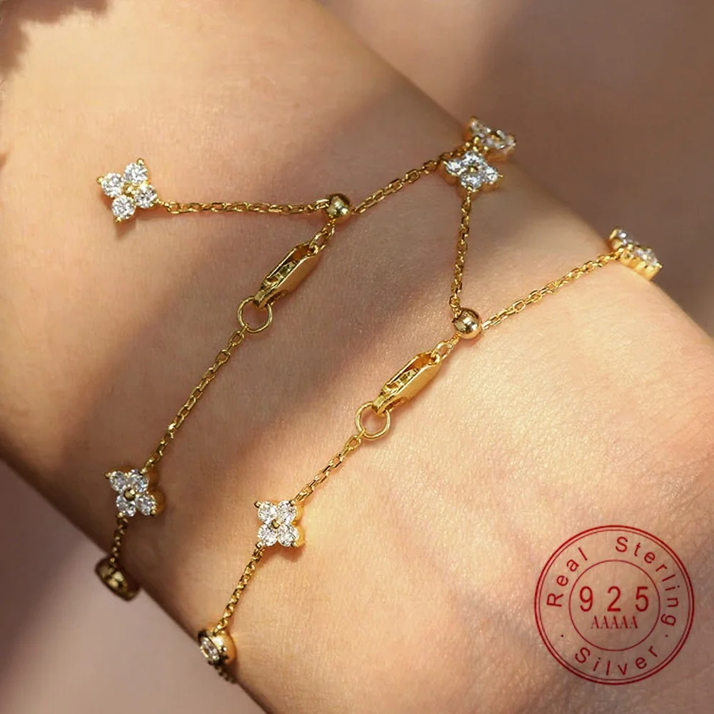 

925 Sterling Silver Bracelet with Moissanite, 18K Gold Plated Flower & Round Cut Diamond Simulant Bracelet for Women