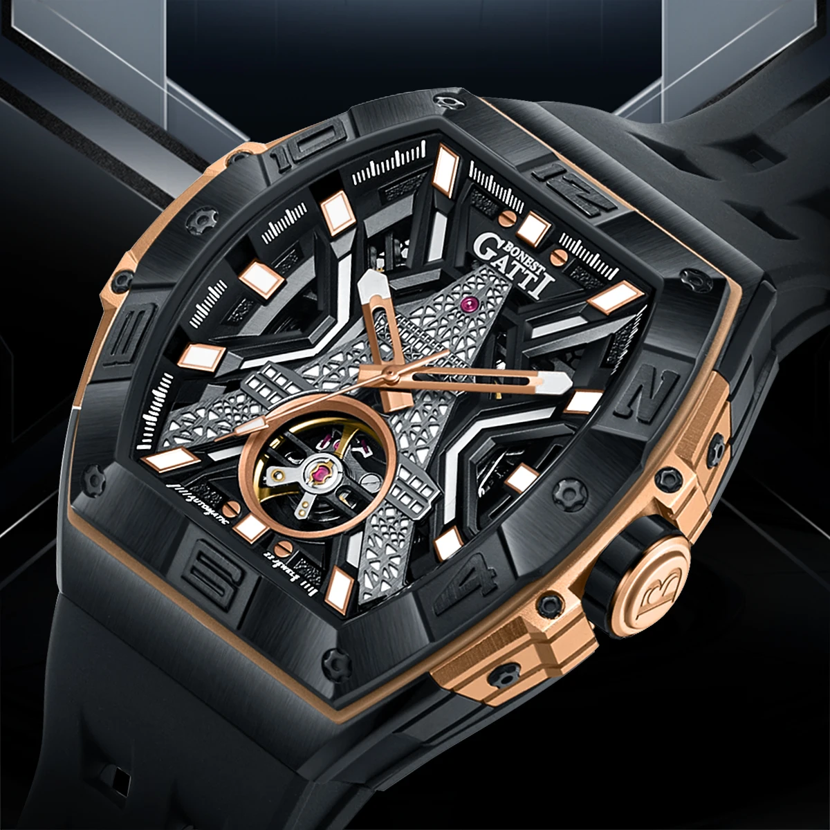 ساعة يد ميكانيكية فاخرة من BONEST GATTI مصنوعة من زجاج الياقوت المقاوم للماء بقرص ذهبي وردي وساعة ميكانيكية أوتوماتيكية
