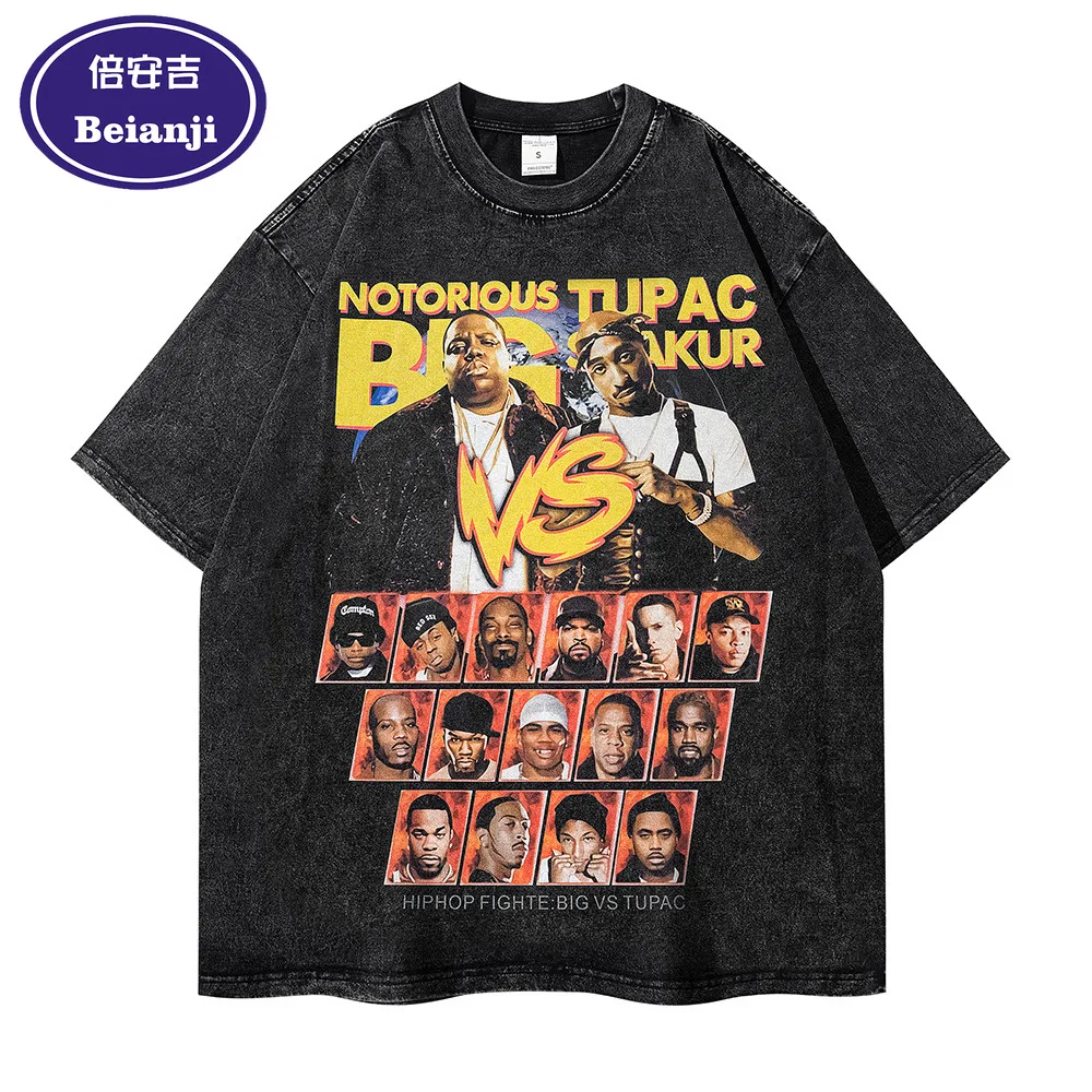 

American retro rap graffiti printing tide brand T-shirt heavy washing water half sleeve loose large size top men's cross-border