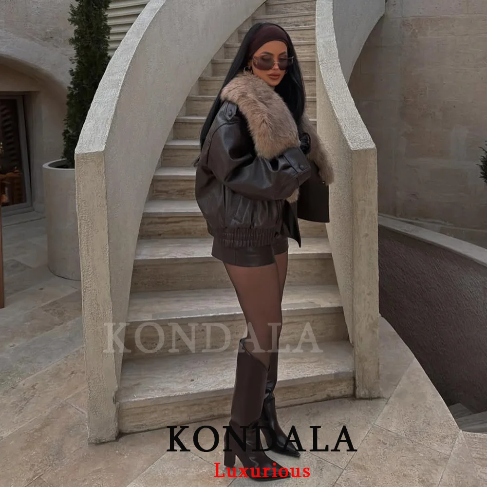 KONDALA Streetwear Pelzkragen Lederjacken Damen Langarm Taschen Übergroße Mäntel Mode 2026 Herbst Winter Outwears