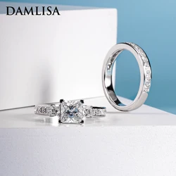 DAMLISA 1.2ct Main Stone D Color Princes Cut Moissanite Diamond Engagement Eternity Band 925 Sterling Silver Rings Set For Women