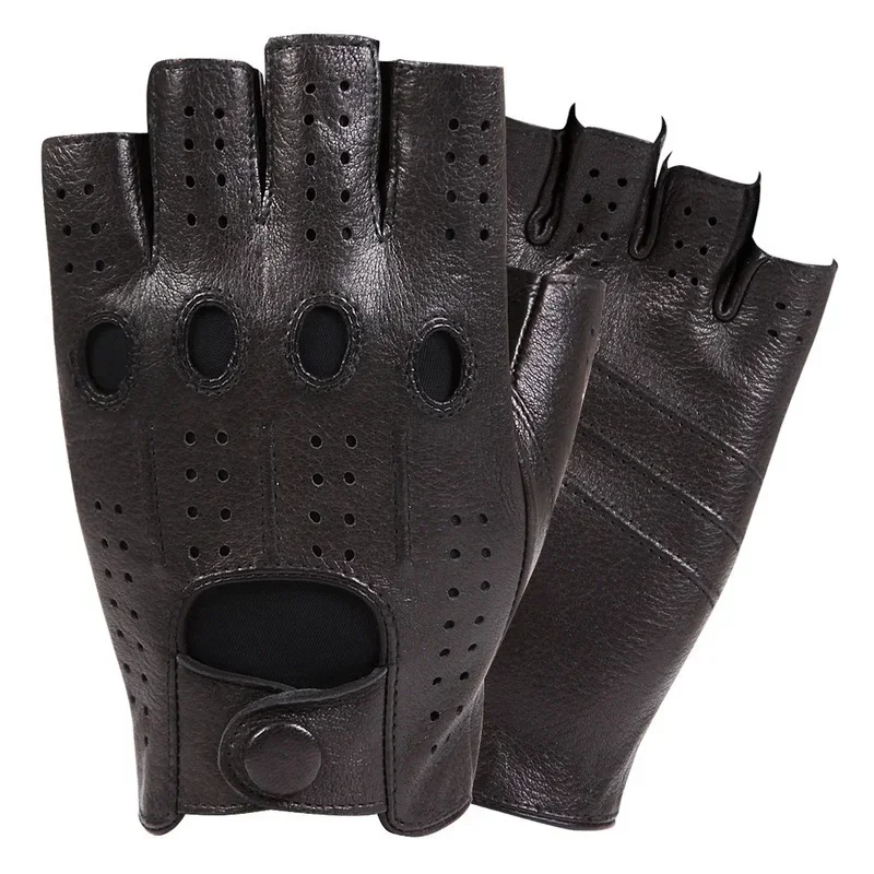 Genuine Sheepskin Leather Semi-Fingers Gloves Male Breathable Hole Thin Style Men Half-Finger Lambskin Gloves