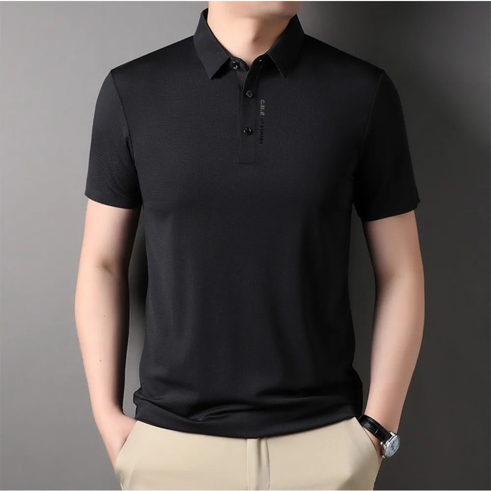 Stereoscopic Wrinkle Resistant Ice Silk Short Sleeve T-shirt 2024 Summer Lapel Loose Casual Solid Color Tops High-end Polo Men\'s