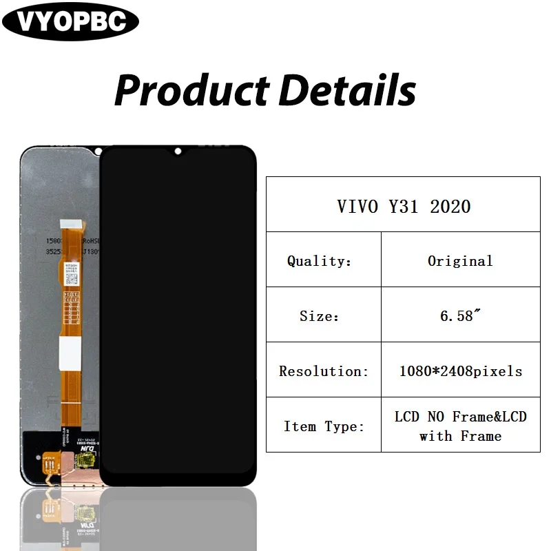 For VIVO Y31 2020 Original LCD Display With Frame Panel Digitizer Assembly Repair Replacement Parts Touch Screen