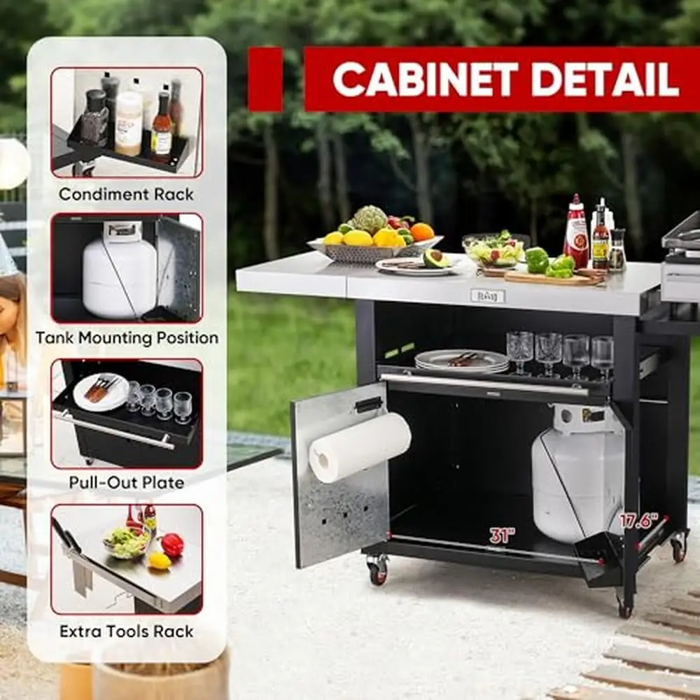 Outdoor Kitchen Island Grill Table Stainless Steel Top Cabinet with Foldable Side Tables Multi-Function BBQ Prep Station Storage