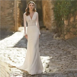 Glamorous Wedding Dresses Simple Satin Bridal Gowns Lace Appliques 2024 V-Neck Long Sleeves Mermaid Vestidos De Novia Customized