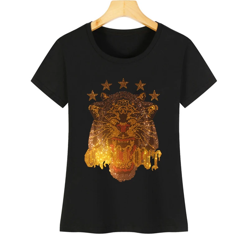 IZEVUS Hot selling high quality hot diamond women's short-sleeved casual T-shirts flash creative gold tiger head T-shirts