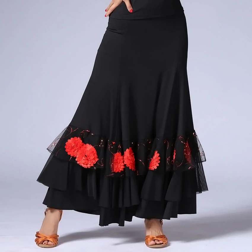 Women Flamenco Ballroom Practice Dress Spanish Fancy Belly Dance Wear Sequin Flower Embroidery Ruffle Big Wing Gypsy Stage Skirt