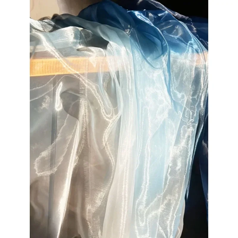 Blue gradient liquid texture watery gauze fabric soft sheer light flowing Hanfu big sleeve shirt designer fabric