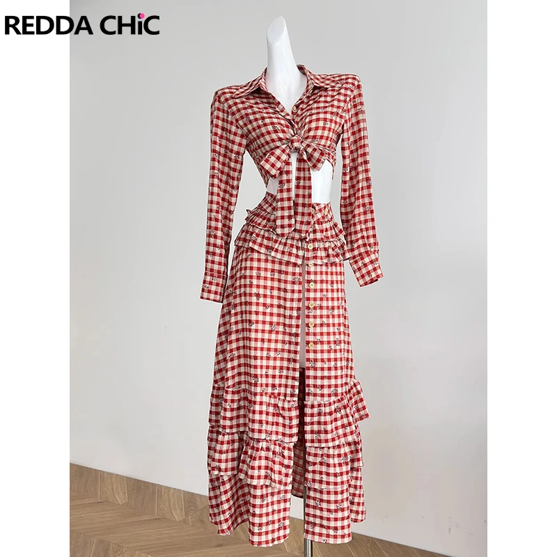 ReddaChic レトロチェック柄トップススカート レディース マッチングセット 長袖ツイストフロントブラウストップス スリットロングラッフルスカート サマー服