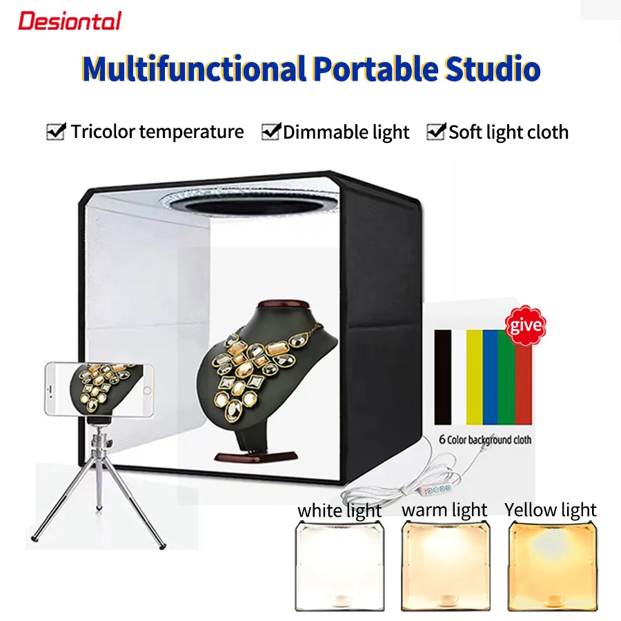 Desiontal 30cm Small Folding Photo Booth LED High Brightness Photo Light Box Desktop Still Life Shooting Desk