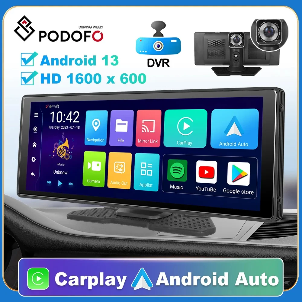 Podofo 10.26” Dash Cam Carplay Android Auto Car DVR Navigation Recorder Dashboard Car Mirror Screen 24H Park AUX