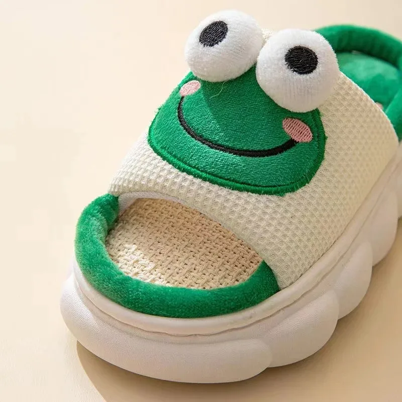 Women Cartoon Frog Slippers Winter Warm Indoor Home Slides Linen Thick Sole Couple Slipper Bedroom Anti Slip Shoes Sandals