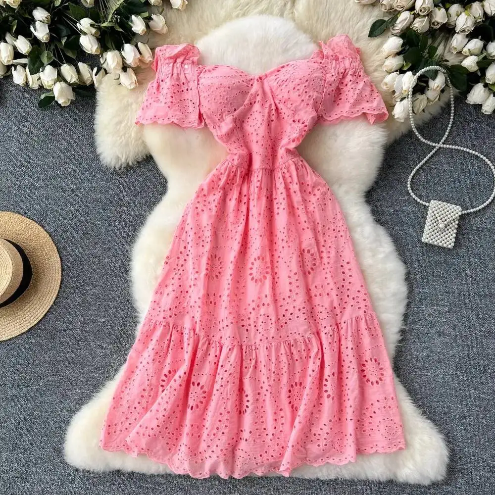 Elegant vintage Chic Embroidery cut out ruffle Dress A-line Casual Sleeve Spring Summer Vacation sweet dresses