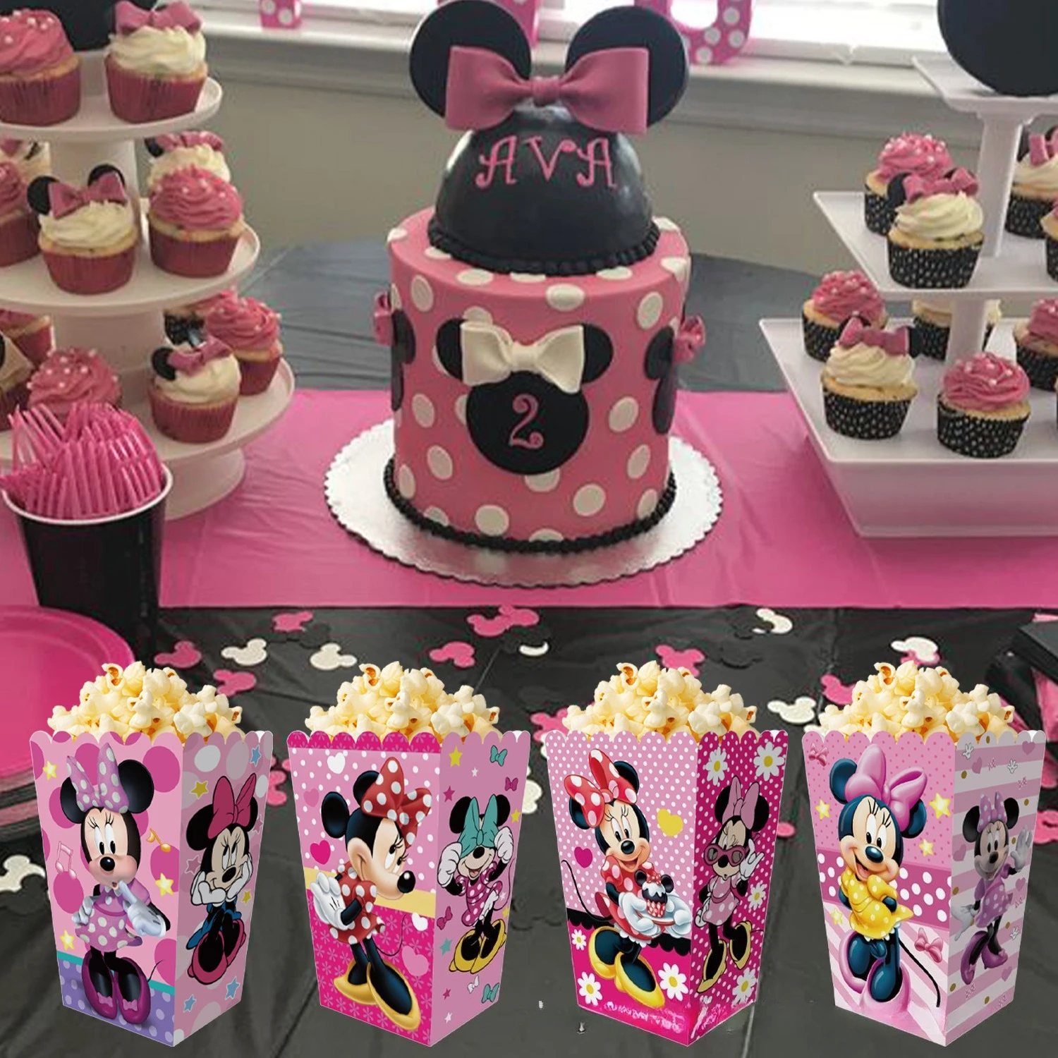 Caja de palomitas de maíz de Minnie, caja de regalo para recuerdo de fiesta, decoraciones para fiesta de cumpleaños, caja de galletas de caramelo DIY, suministros para fiesta, 12 Uds.