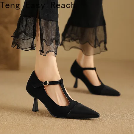 

Retro Spring Mary Jane Low High Shoes Womens Pumps T-tied Shoes Zapatos De Mujer Stilettos High Heels Soft Leather Office Dress