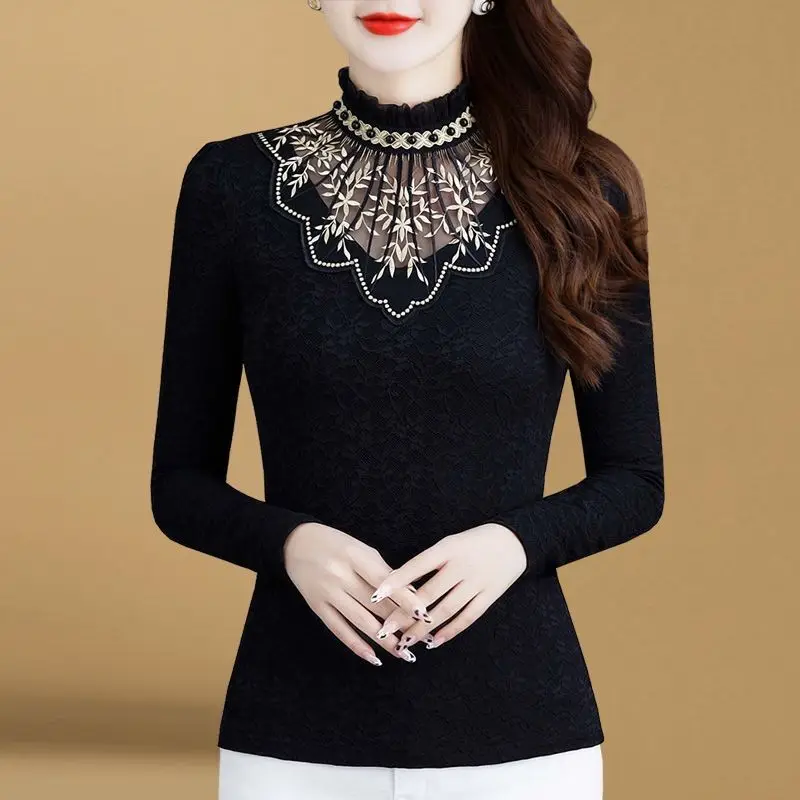 

Women's Solid High Neck Lace Diamonds Embroidery Bottom Long Sleeve 2023 Autumn and Winter Hollow Out Thickened Pullover Tops