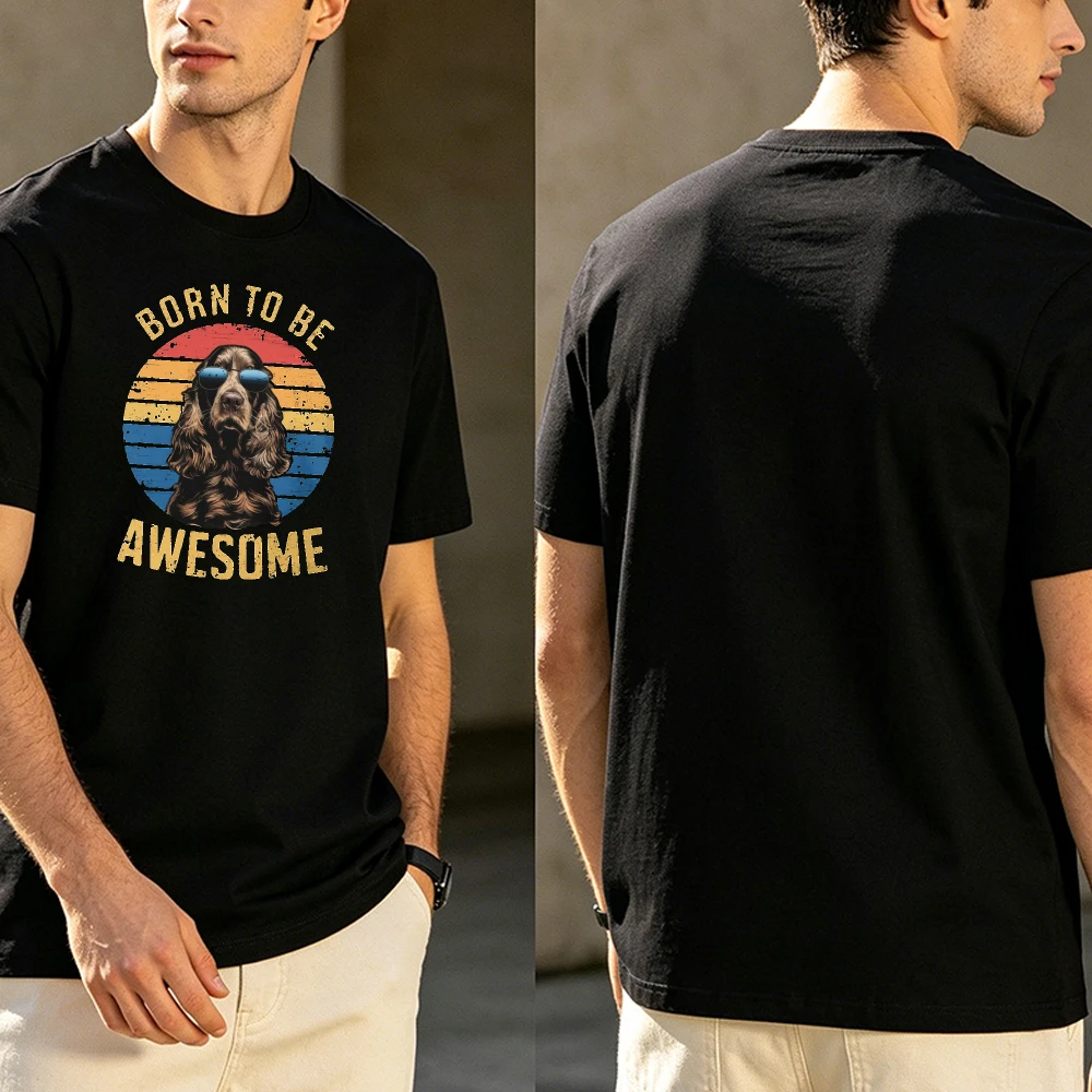 Born To Be Awesome Spaniel Dog Retro Sunglasses Striped Men Cotton T Shirt Dog Lover Vintage Distress Light Retro Tee