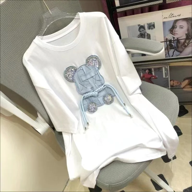 Women\'s Short Sleeve Round Neck T-Shirts Casual Cartoon Tees  Oversized Baggy Tees Y2K Patchwork Tops Hot Drill Summer Fashion