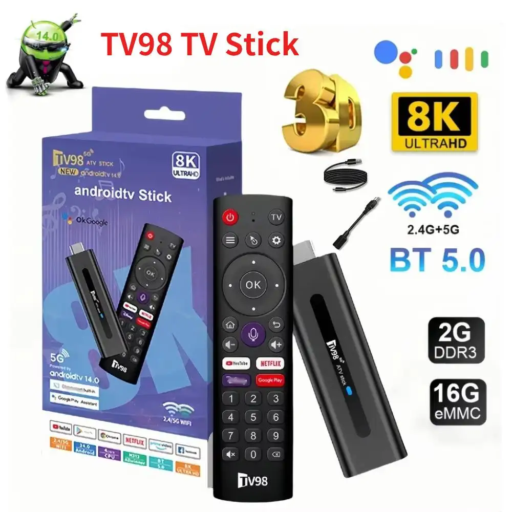 TV98 Mini TV Stick Android TV Stick HDR Set Top Box 8K Video WiFi 2.4/5G BT5.0 Streaming Smart TV Box for Network Media Player