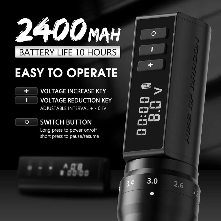 무선 로터리 타투 머신, 2400mAh 배터리 및 6단계 조절 가능한 스트로크 길이, 코어리스 모터 구동 프로 타투 건