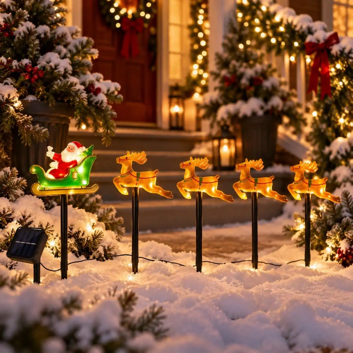 5pcs/set Christmas Solar Stake Lights Santa Sleigh & Reindeer & Sled Outdoor Solar Pathway Light For Garden Yard Festive Decor