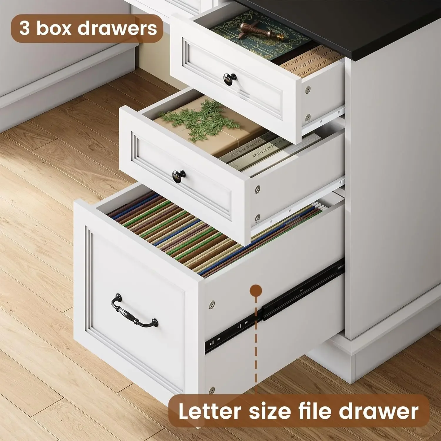Farmhouse Executive Desk with Drawers Computer Desk ,Power Outlet and Led Lights,Cabinet and Monitor Shelf for Home Office,White image 6