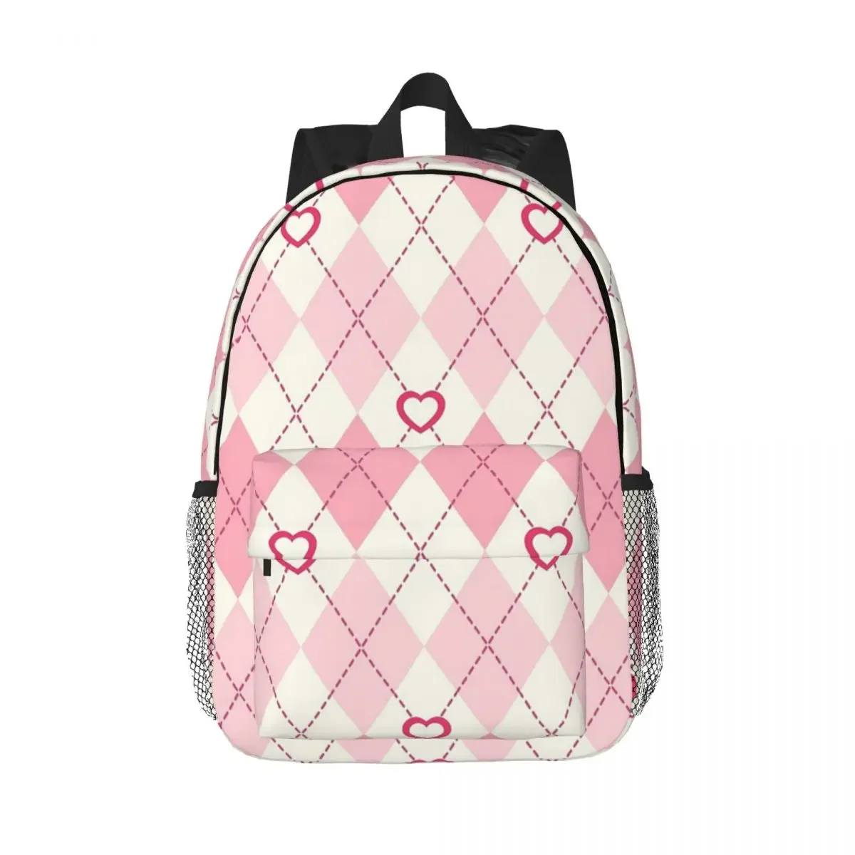 Preppy, Aesthetic, Pink, Heart, Argyle, Checkered, Backpacks Boys Girls Bookbag Children School Bag Travel Rucksack Shoulder Bag