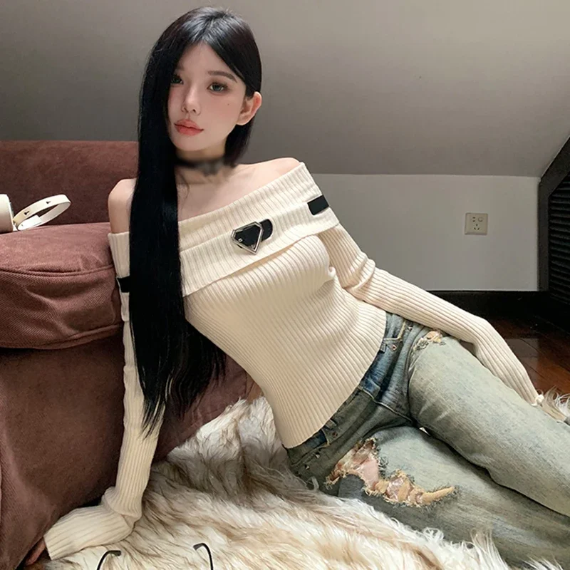 女性用長袖ニットトップ,裸の肩,ベルト装飾,ファッション気質