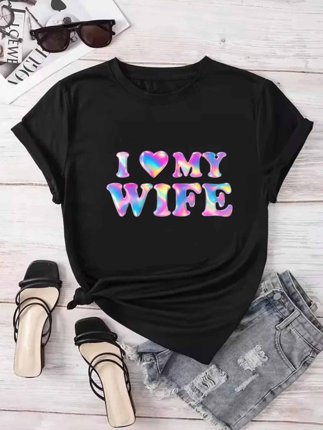 Women's Casual Black Cotton Short Sleeve T Shirt Don T Care Just Vibe Colorful Letter Print Summer Streetwear