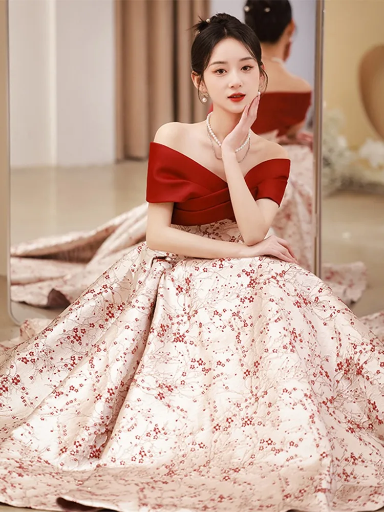 

Красное вечернее платье на одно плечо для помолвки и свадьбы, корейское облегающее свадебное платье с коротким рукавом и длинной юбкой
