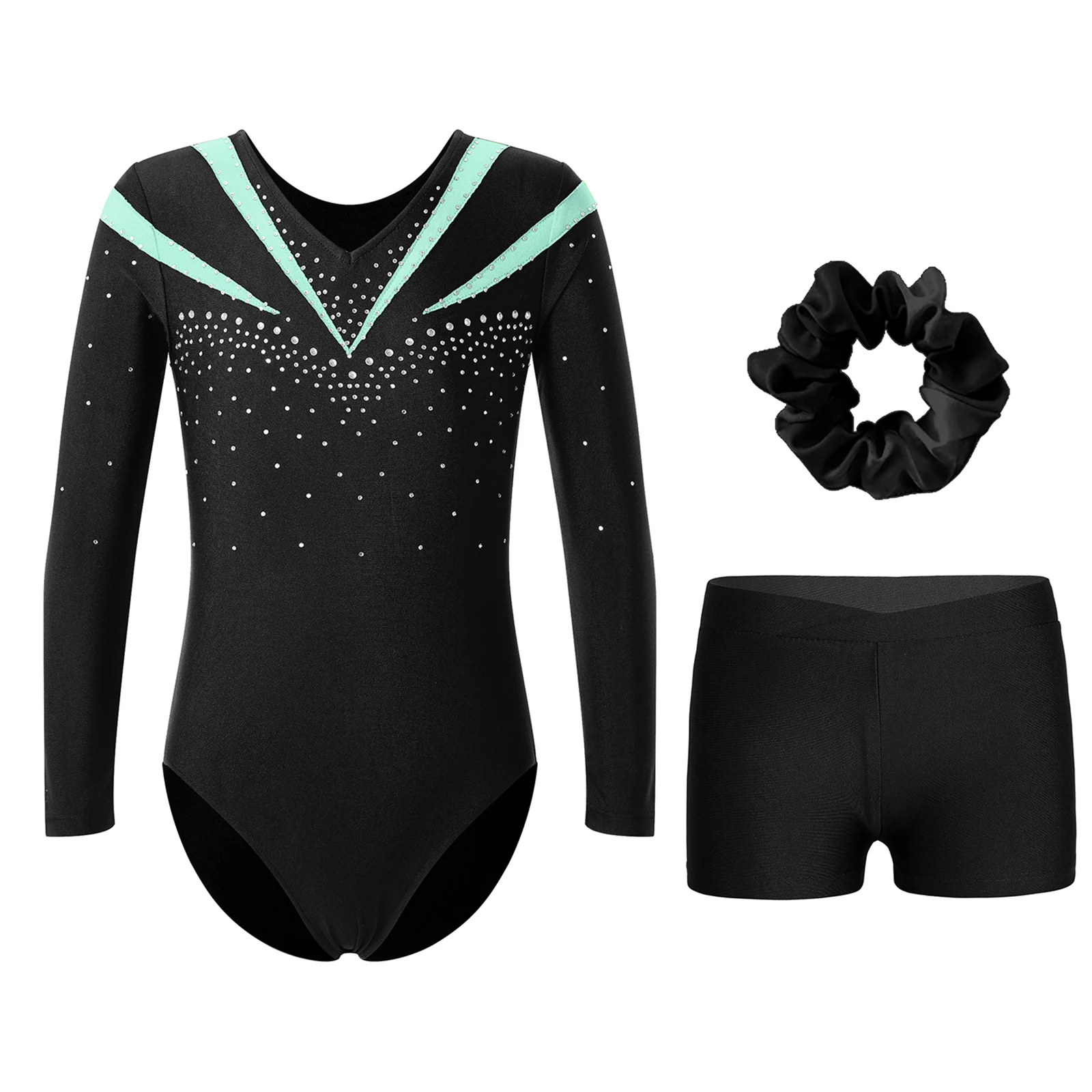 Girls Long Sleeve Ballet Leotard Gymnastics Leotard with V Neckline Shiny Rhinestone Waistband Shorts Hair Band for Dance Outfit