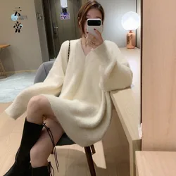 Oversized White Mink Cashmere Knitted Sweaters Loose Fit V-Neck Long Sleeve Women Pullovers Tops New Fashion Autumn Winter 2026