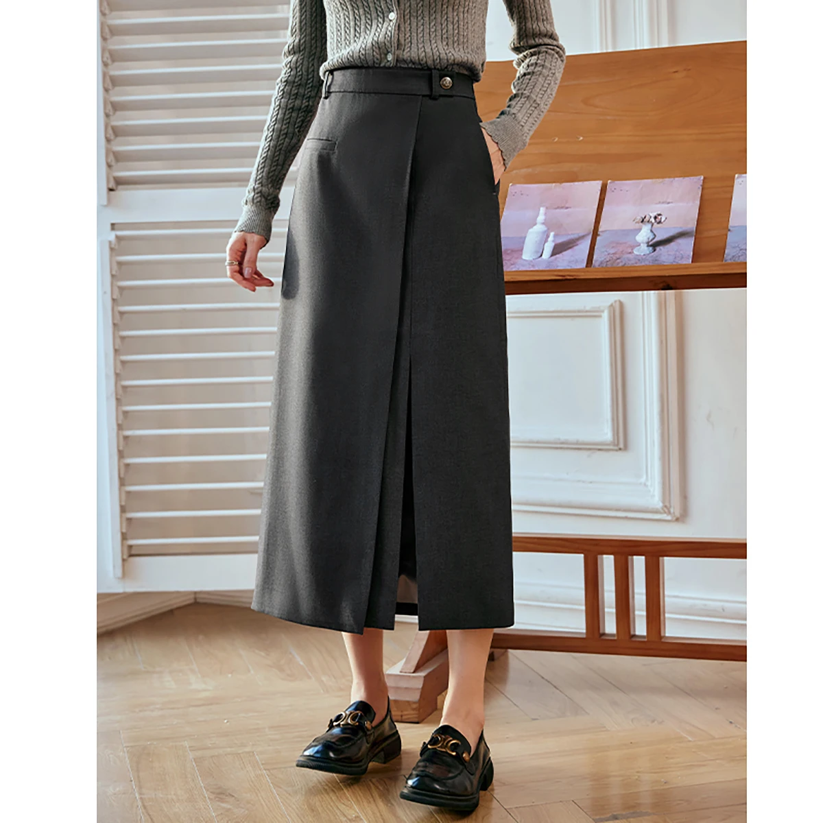 OLrain Women 2026 New Autumn Dark Gray High Waist Suit Midi Skirt Straight Front Overlap Slit Pocket Elegant Skirt O57QB88329