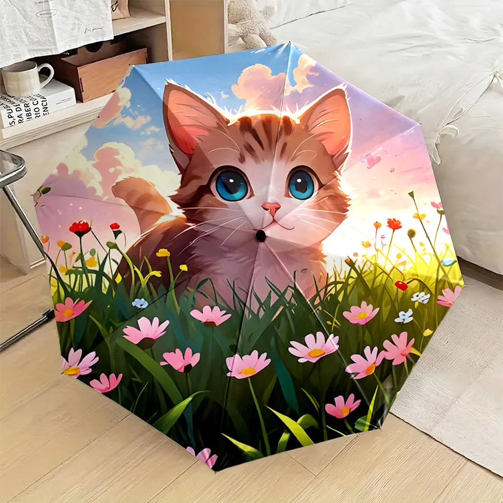 1PC Cute Cat in a Flower Field Umbrella Design Print 8 Iron Ribs Folding Umbrella Auto-Open Fashion Sunshade