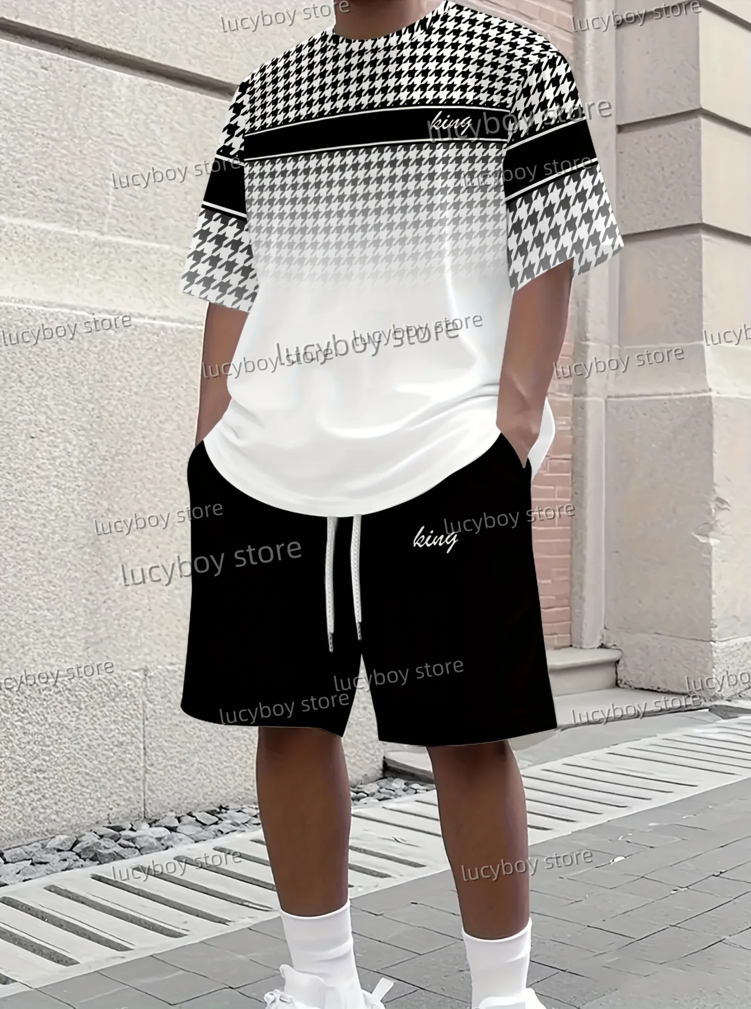 

Мужской спортивный костюм в клетку King Stripe с принтом, спортивная футболка + шорты, легкий спортивный костюм, спортивный костюм, комплект из 2 предметов, одежда