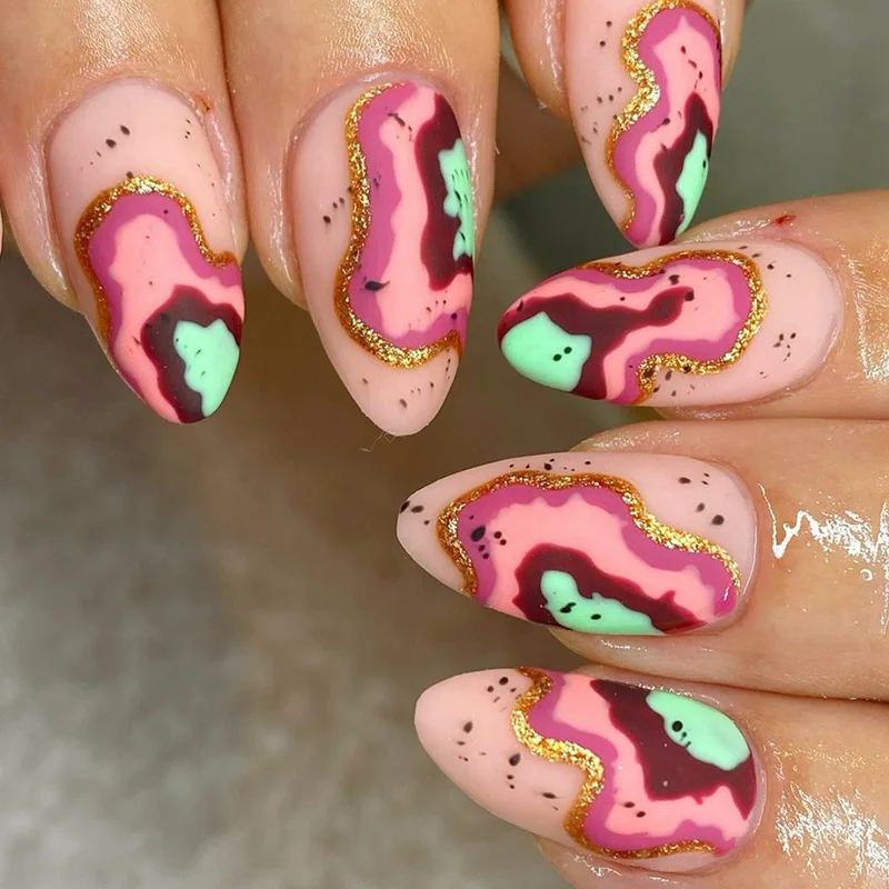 

24PCS Matte Press-On Nails - Almond Medium Length Irregular Stripes Multi-Size & Colors Instagram Aesthetic