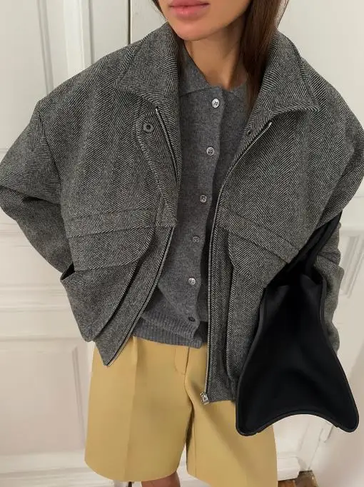 

Women's Jacket 2025 Autumn and Winter New Solid Color Turn-Down Collar Pocket Design Long Sleeve Casual Zipper Jacket Coat
