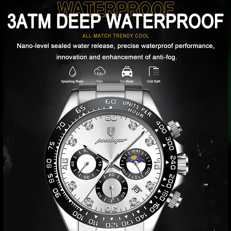 POEDAGAR Sport Chronograph Men Watches Luxury Business Moon Phase Quartz Men\'s Wristwatch Steel Strap Waterproof Luminous Clocks