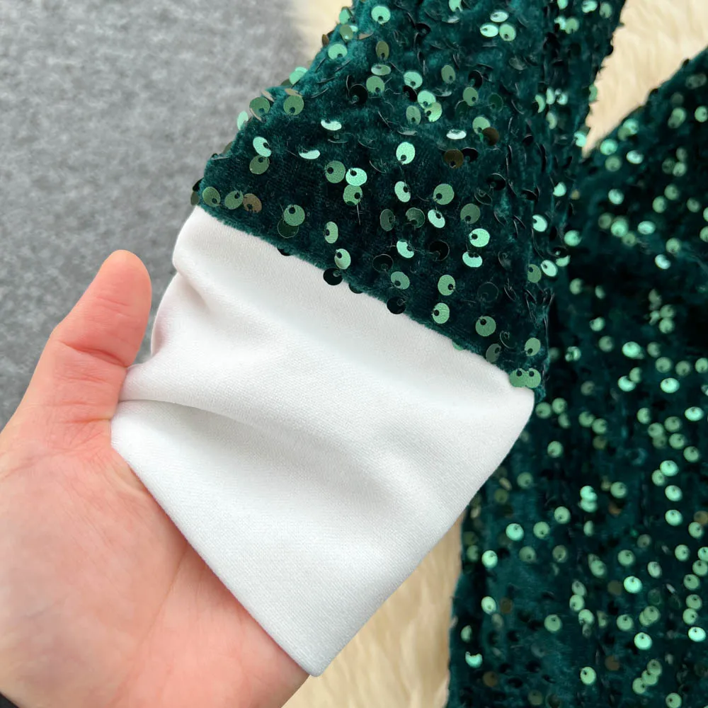 Chic vintage colletto rovesciato glitter manica lunga Elegante fata moda coreana Boho abito da donna