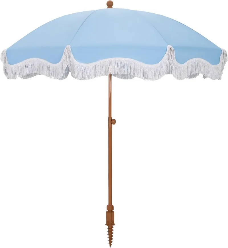 

7ft Heavy Duty Beach Umbrella with Sand Anchor, Fringe Umbrella for Sand, UV 50+, Patio Umbrella with Tilt Pole fo