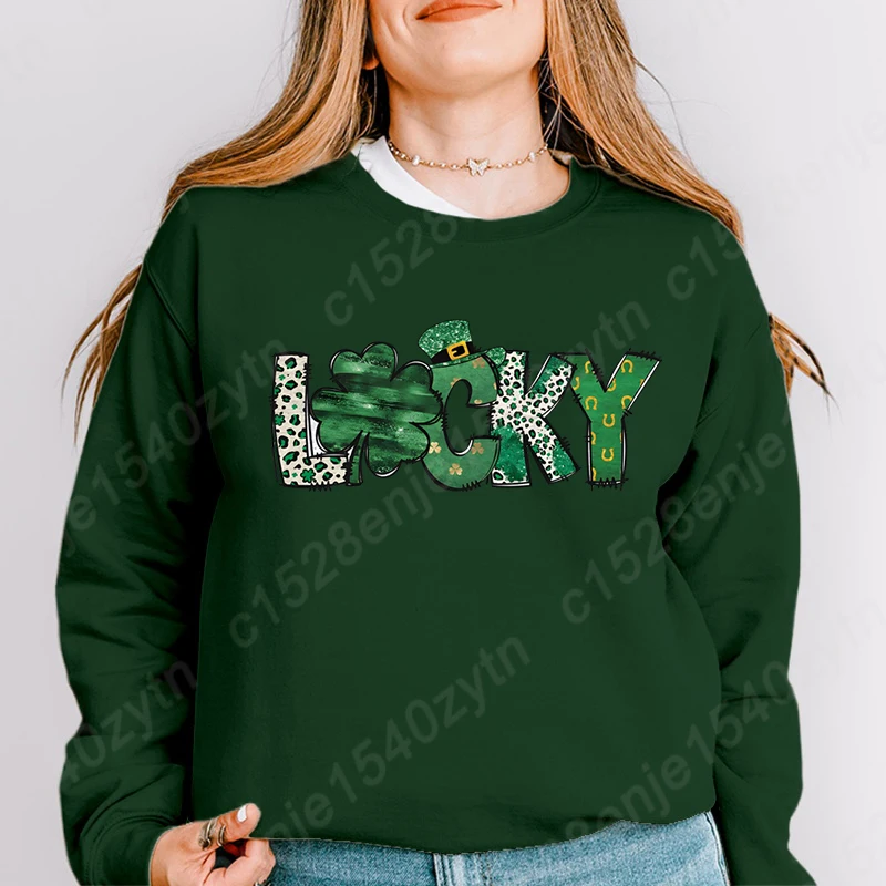 St Patty's Day Lucky Print Pullovers New Fashion Round Neck Tops Women Hoodless Sweatshirt Long-sleeved Autumn Casual Sweatshirt