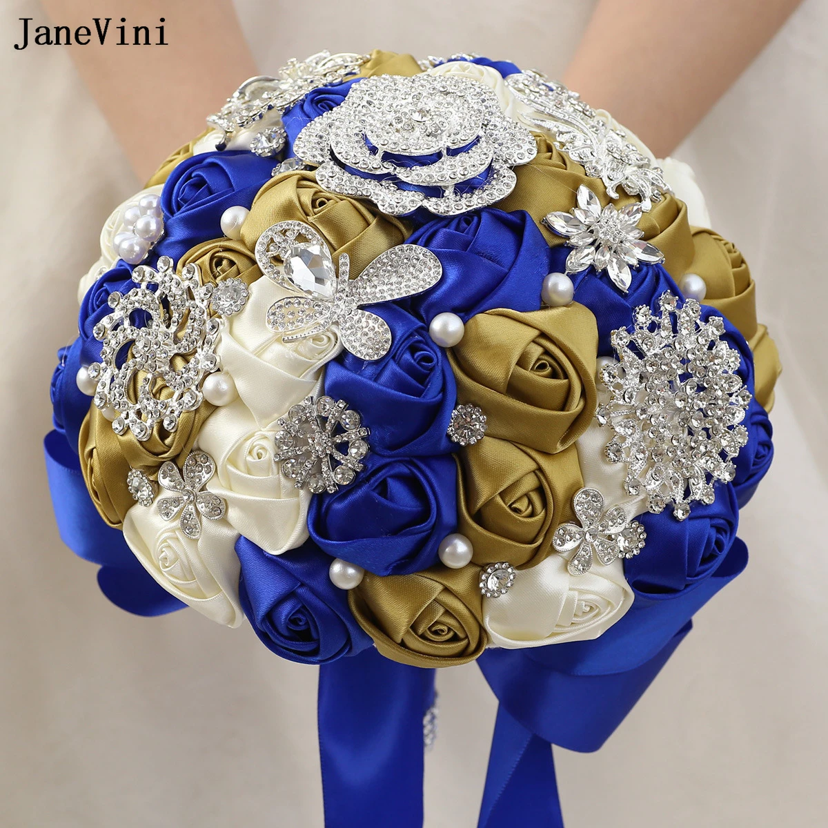 JaneVini Bling Bling Silver Diamond Royal Blue Bridal Bouquets Artificial Satin Roses Flowers Wedding Brooch Bouquet for Bride