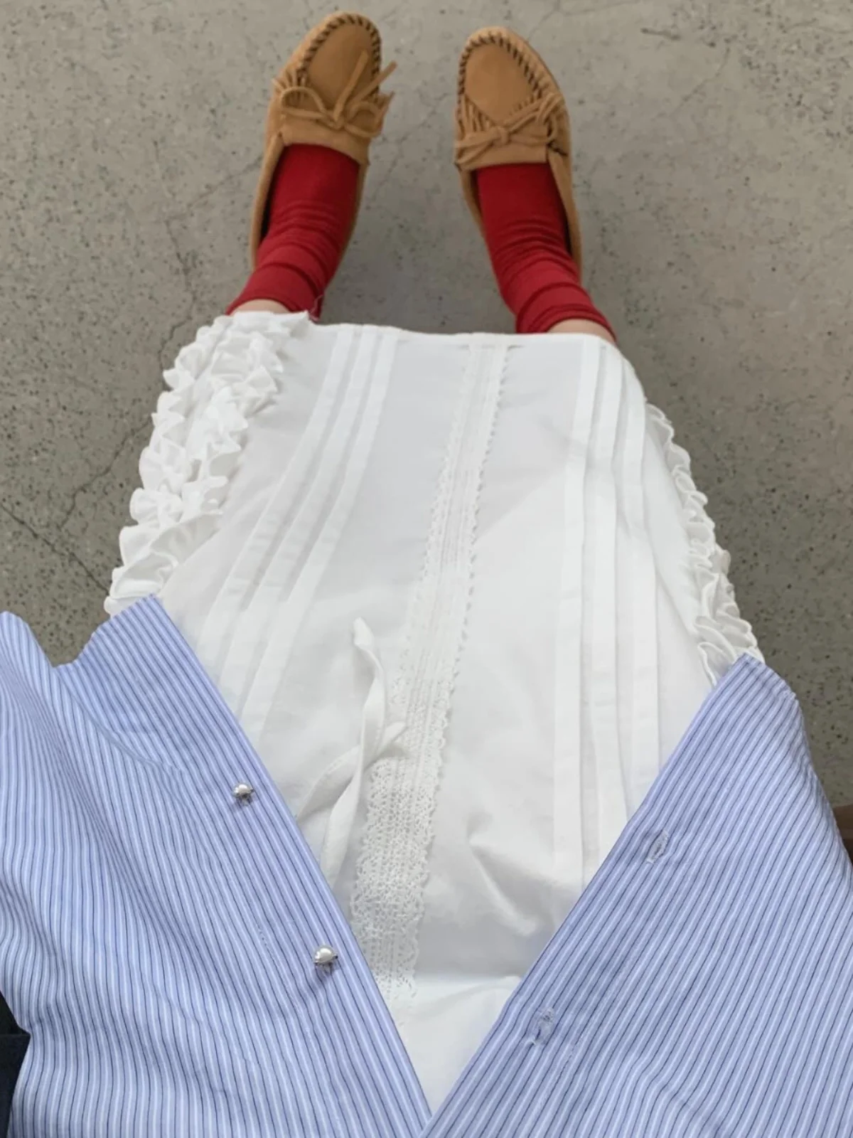 Falda Midi Versátil con Borde de ano de Ma, Estilo Coreano, Csa a Rayas Hoada, Estilo Informal, Falda en Línea A p...