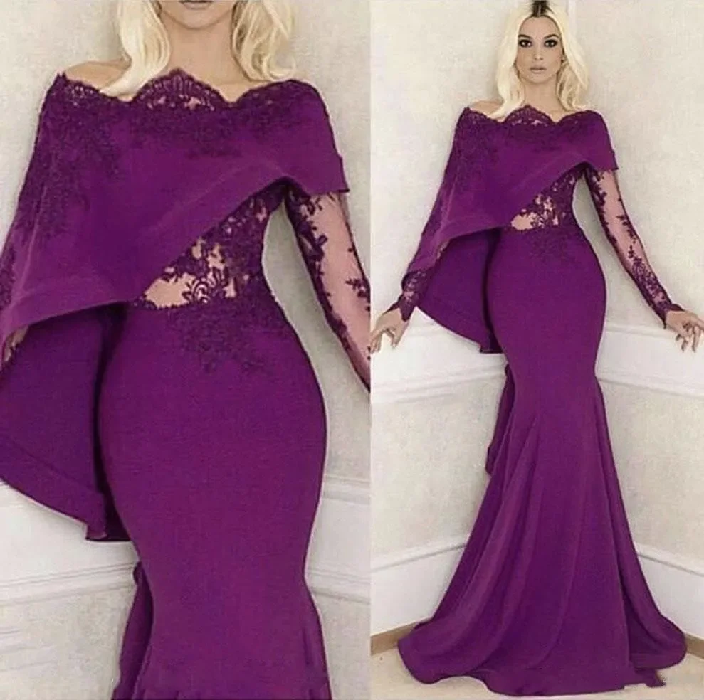 Lila Günstige Abendkleider Meerjungfrau-Stil Schulterfrei mit Wickel-Ärmeln Spitzenapplikationen Illusion Lange Partykleider Abendgarderobe