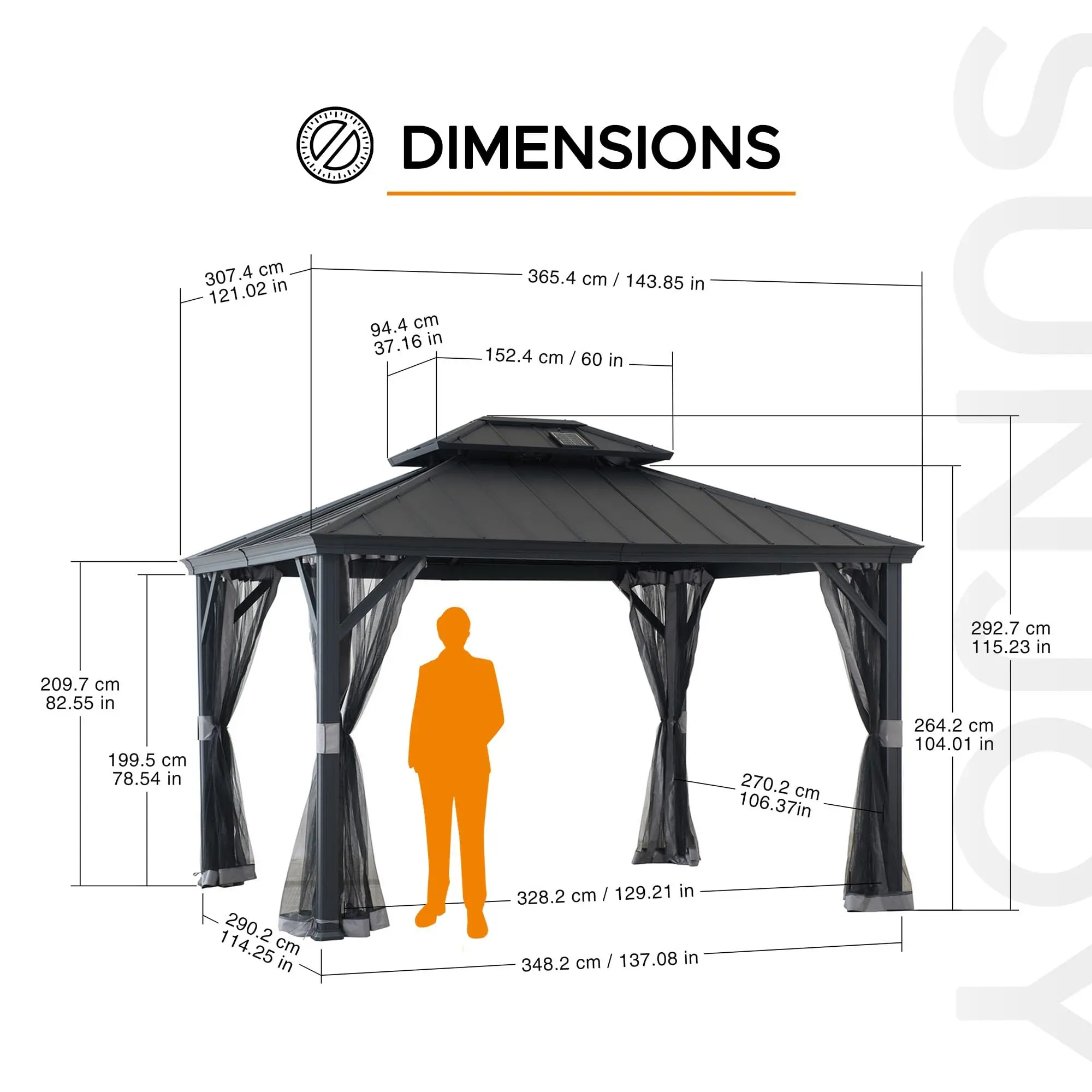 

High Quality Double UV Protection Waterproof Layered Metal Pavilion Outdoor Hardtop Gazebo With Ceiling Hooks Mesh